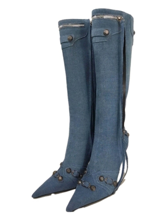 Floral Kini Shoes - Denim Knee High Pointed Toe Stiletto Boots w Studs And Pin Buckle Strap Sz 8.5